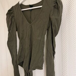 wild fable Olive Green V-Neck Puff Sleeve Bodysuit